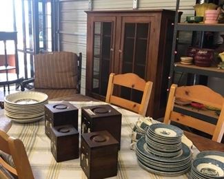 Pine Table, Dishes, Hand Painted Wooden Canisters