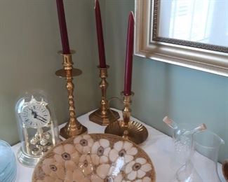 Brass candlesticks, signed floral art glass bowl, Danbury clock