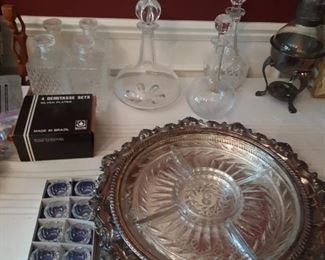 German crystal decanters, Silver Plate trays, crystal salt dips
