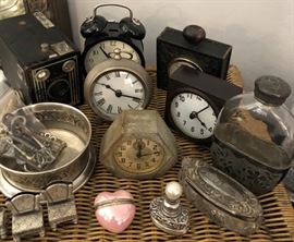Assorted Pottery Barn and Vintage Clocks, Vintage Camera, Perfume Bottle...