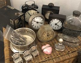 Assorted Pottery Barn and Vintage Clocks, Vintage Camera, Perfume Bottle...