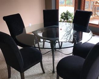 7 PC DINING SET W/ GLASS TABLE TOP & 6 UPHOLSTERED CHAIRS