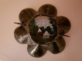 Base of Limoges fluted bowl with polychrome woodland village scene with two handles