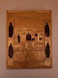 Russian Icon with repousse silver gilt riza, 19th century hallmark