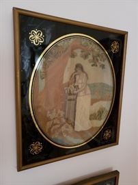 Pair of antique English hand embroidered silk oval fabric panels