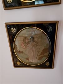 Pair of antique English hand embroidered silk oval fabric panels