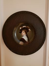 Pair of antique Dutch painting on porcelain plates, ca 1900 in period oak frames