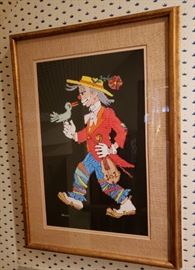 Jovan Obican acrylic on board "Clown with Bird" painting