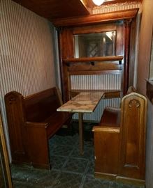 Antique church pews and mantle with with mirror with marble top table, this has been disassembled and is being sold separately
