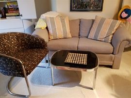 Bauhaus settee, chrome and black glass coffee table and chrome upholstered armchair