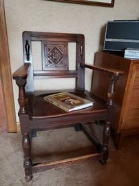 Antique English carved oak armchair, two armchairs and one side chair