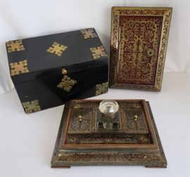 French boulle marquetry and tortoise desk set, French boulle marquetry and tortoise expandable locking book and ebony with brass trim letter box