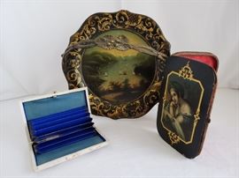 Antique American papier mache basket, and two carnet du bal