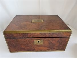Antique English burl walnut lap desk with 1864 inscription on brass plaque, leather lap fitment and glass ink bottle