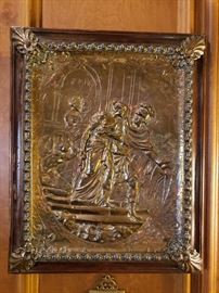 Antique English brass relief in wooden frame, some damage
