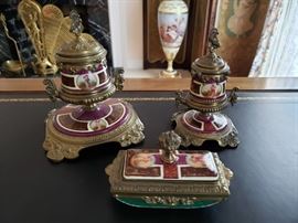 Three pieces Royal Vienna style porcelain desk garniture with ormolu frames