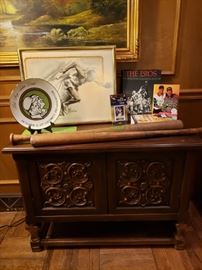 Antique carved oak small chest with sports items