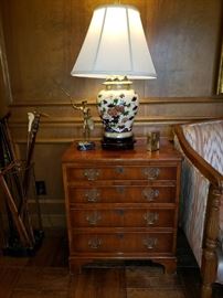 Pair of antique English burl walnut four drawer chests