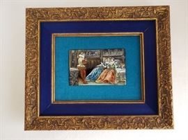 French Limoges enamel plaque, 19th century, music parlour scene