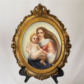 Framed painting on oval porcelain plaque, signed Natalie Diston