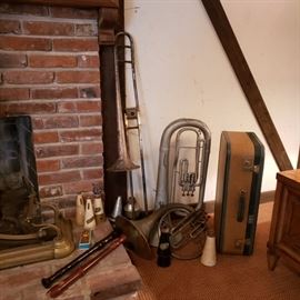 Vintage horns and other musical instruments and Shastock Solotone trumpet mutes, vintage Charlie Spivak Whispa mute
