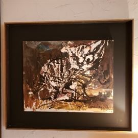 Acrylic on wood panel "Cat", signed Jack Upilay '62