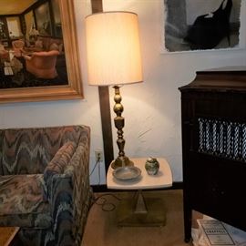 Vintage marble top end table with tall brass lamp