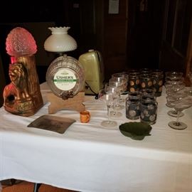 Industrial Art Supply lion lamp, Usher's glass keg and vintage bar ware