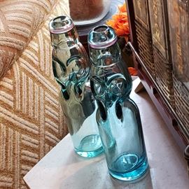 Pair of vintage CODD Neck Green Glass Blob top bottles