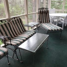 Patio glider, chaise lounge, coffee table, armchair
