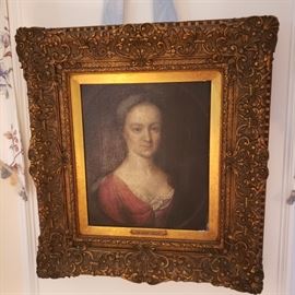 Attributed Godfrey Kneller "Mrs. Richard Kingston" framed oil painting, plaque on front is dated 1723