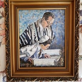 "Reading the Torah" painting on copper, signed by Robert Bodge