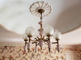 Antique Wedgwood and bronze chandelier with etched glass globes