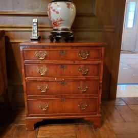 Pair of antique English burl walnut four drawer chests