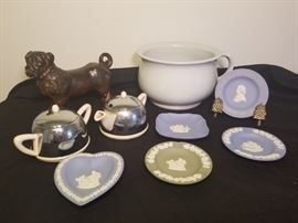 Ironstone chamber pot, Wedgwood England ashtrays and dishes, antique dog figurine English teapot  https://ctbids.com/#!/description/share/146750