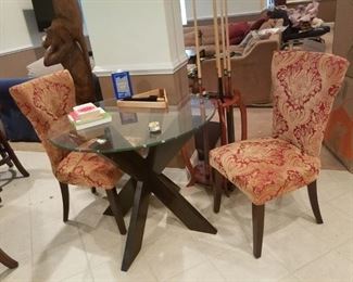 glass-top table w/ 2 upholstered chairs