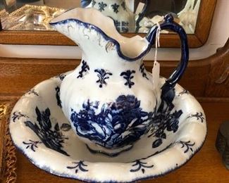 Antique blue and white pitcher &bowl