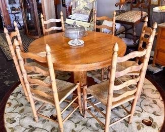 Antique Round Oak Table with 6 Matching Ladder Back Chairs