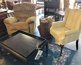 Tan Recliner, Off-White Wing-Back Chair, and beautiful coffee table