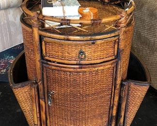Rattan Round Side Table with magazine storage slots on each side