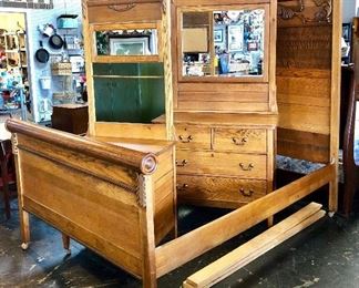 Antique Ornately Carved Oak Bedroom Suit with Matching Dresser and Vanity Stand