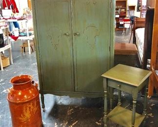 Antique Green Armoire with matching table, and an old milk can 