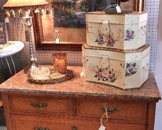 Antique, Marble Top Oak Chest with beautiful detailing across bottom of piece
