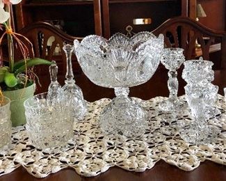 Crystal Trifle Pedestal Bowl with Bird Motif, with matching candlesticks, creamer/sugar, and bell. 