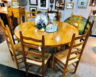 Large, Solid Oak Table (top is one solid piece of wood) with 8 Ladder Back Chairs (chairs are all different shades of wood, but could be painted)