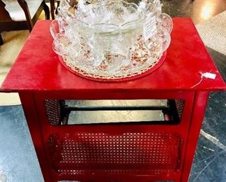 Red Rolling Cart (vintage), with Glass Punch Bowl & all cups