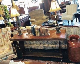 Large, Solid Wooden Foyer/Sofa Table, Hand Carved Elephant Bookends with Ivory Tusks, & a Vintage Milk Can (Nodoway, Missouri Milk Producers)