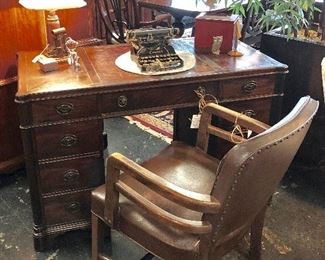 Antique Leather Top Desk, Vintage Corolla Typewriter, Leather Desk Chair