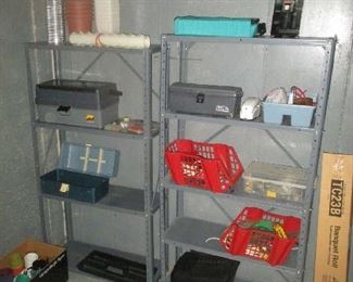 Metal shelving and fishing supplies