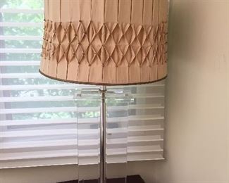 Lucite lamp with hand made silk shade.